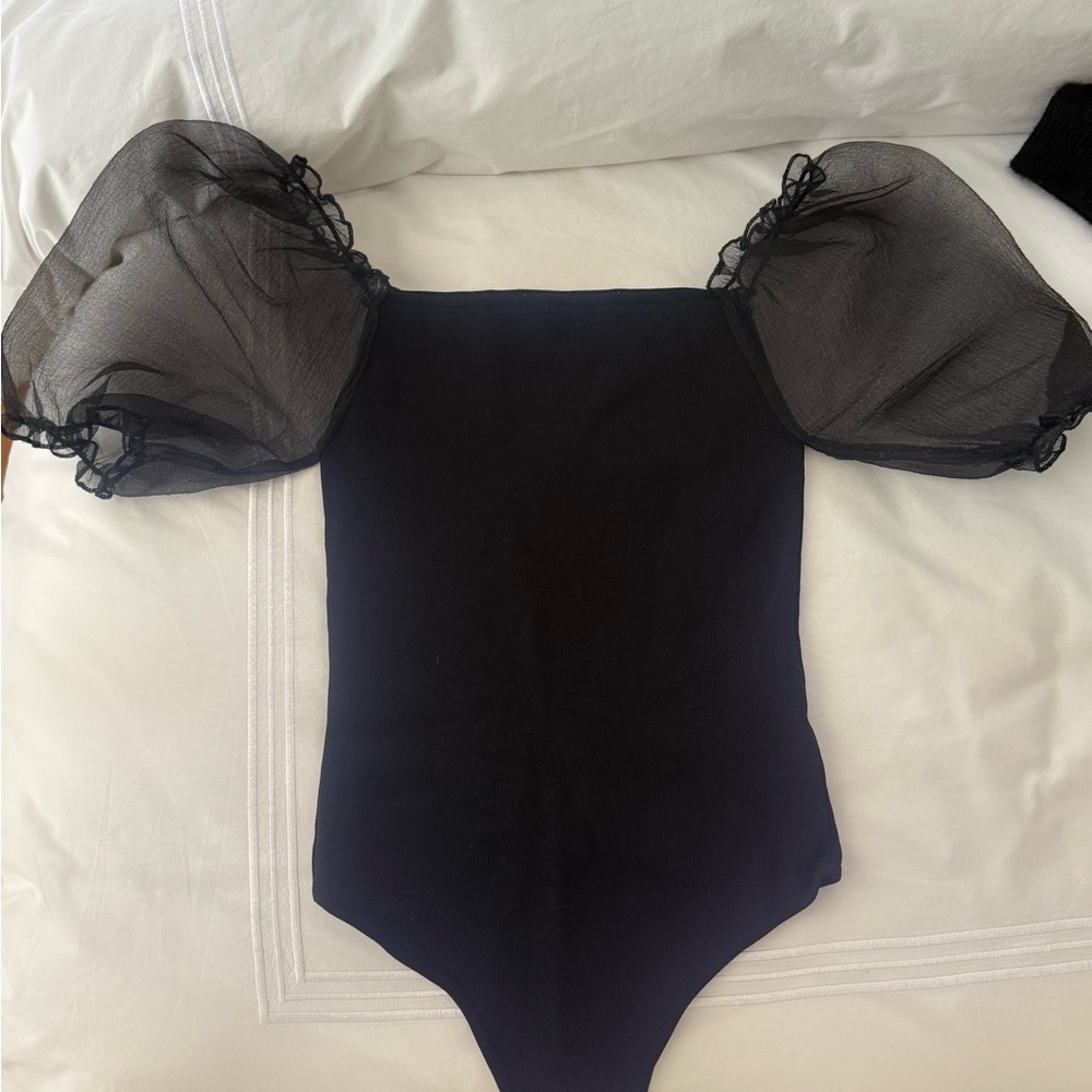 Black Bodysuit with Sheer Puff Sleeves